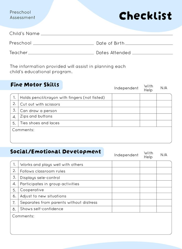 a checklist with information for the child's activities