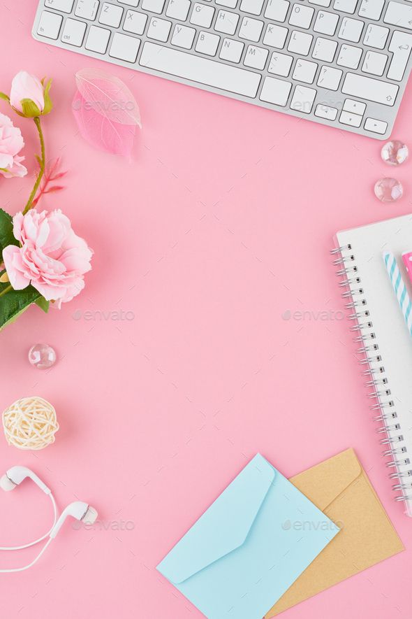 pink flowers, headphones and keyboard on a pink background - stock photo - images