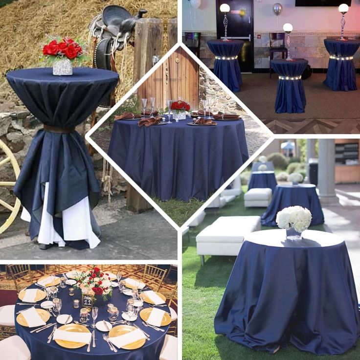 a collage of photos with tables and chairs covered in blue cloths, white tablecloths and red flowers