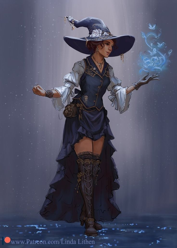 a woman wearing a witches hat and holding a wand in her hand while standing on the water