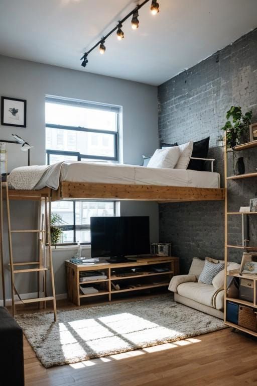 a loft bed is in the middle of a living room