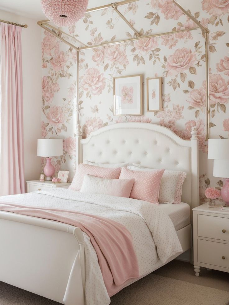 a bedroom decorated in pink and white with flowers on the wall, bedding, nightstands and lamps