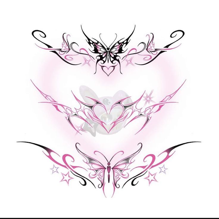 an artistic design with butterflies and stars on the bottom half of each piece, in pink