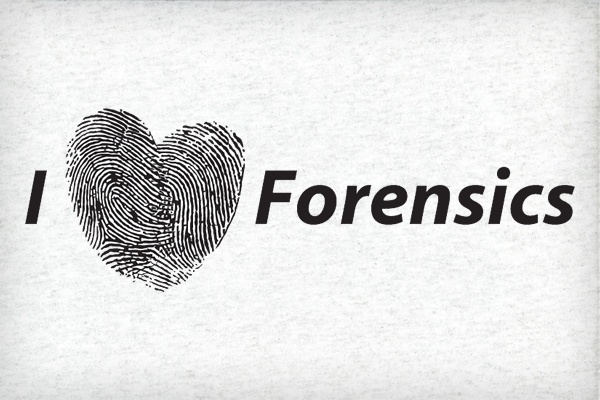 the word i love forensics written in black and white with a fingerprint heart