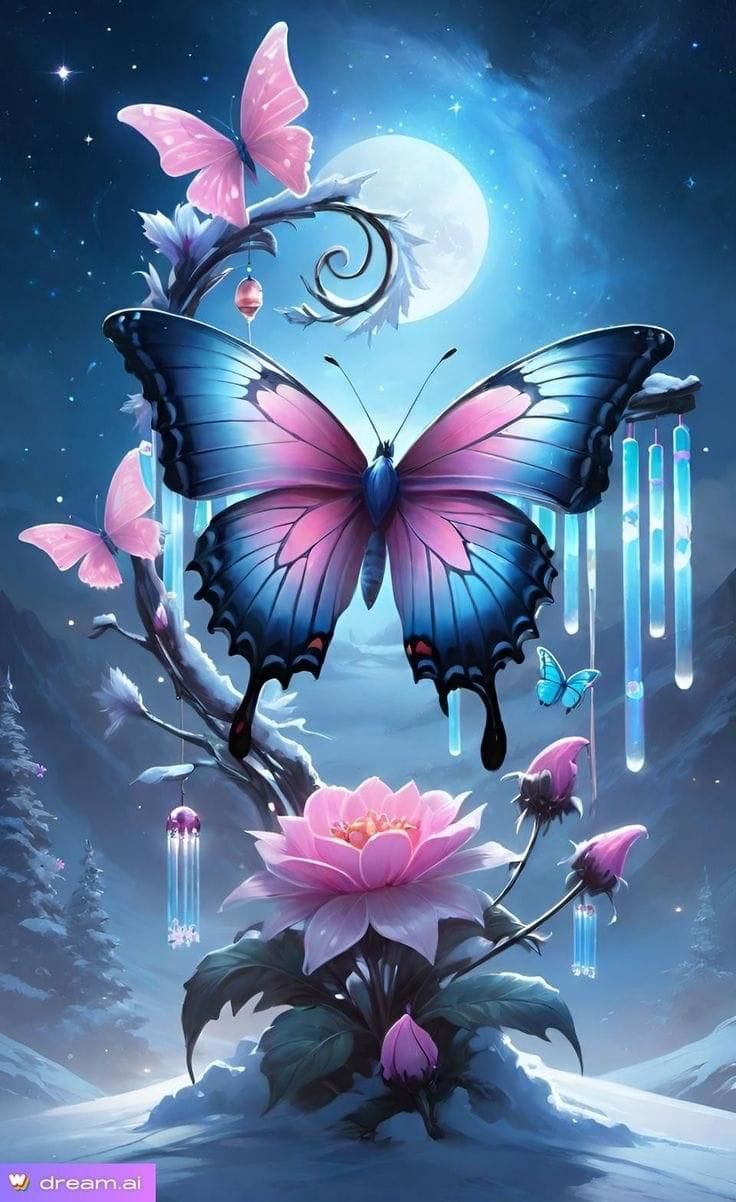 a painting of a blue butterfly with pink flowers in front of a moon and stars