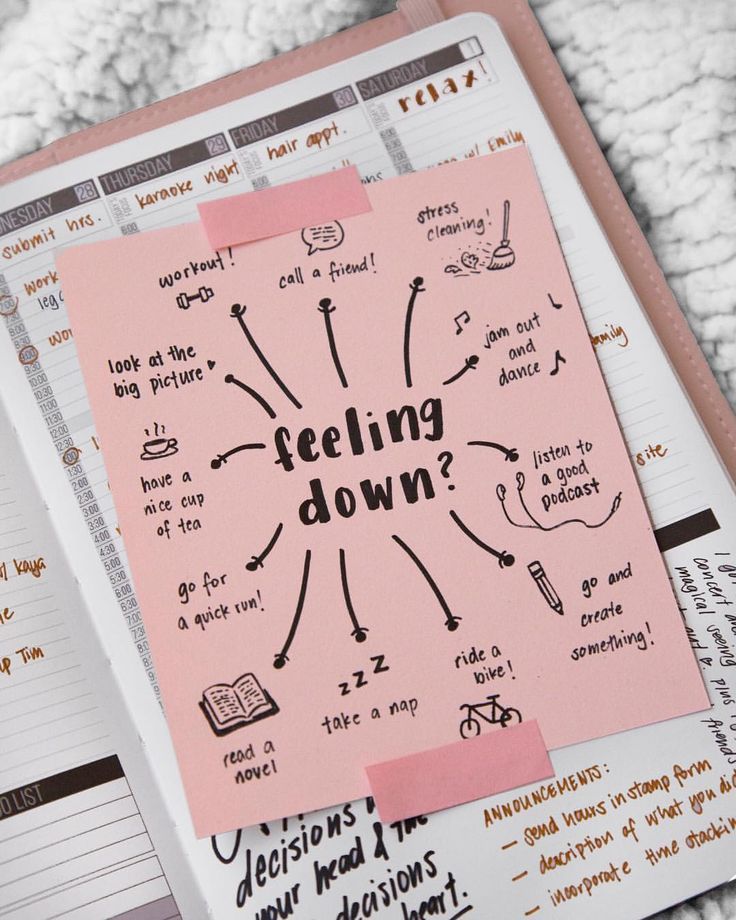 an open notebook with stickers on it and the words feeling down written in pink