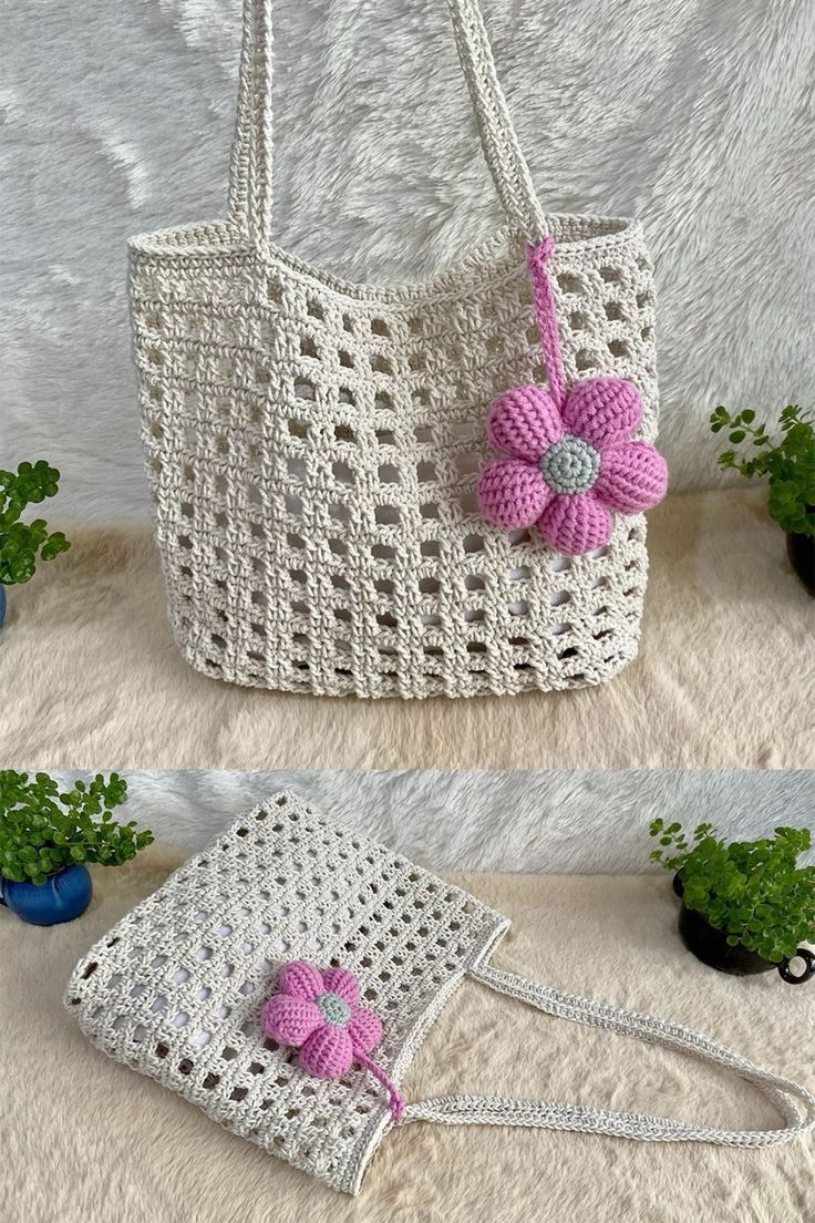 crocheted purse with pink flowers on the handle