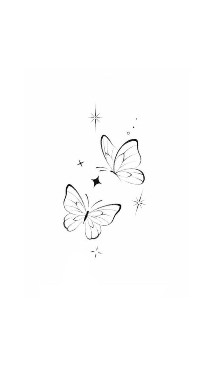 two butterflies flying in the air with stars around them on a white background, black and white photo