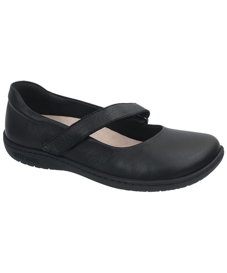 Lora by Birkenstock in Black Leather. Classic Mary-Jane style with adjustable velcro strap and removable cork footbed.  #birkexpress #birkenstockexpress #birkenstock #birkenstocksandals #birkenstockoutfitideas #birkenstockoutfits #newbirkenstocks #birkenstockshoes #birkenstockshoe #birkenstockstyle #blackflats #blackmaryjane #blackshoes #blackbirkenstockshoes #workshoes #blackworkshoes #archsupport Black Work Shoes, Birkenstock Styles, Birkenstock Style, Spring Styles, Birkenstock Sandals, Birkenstock Shoes, Boot Socks, Clogs Shoes, Slipper Boots