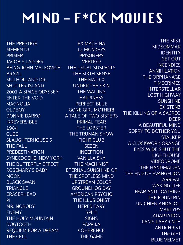 a blue poster with the words mind - f k movies in white letters on it