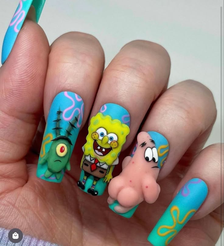 Sport Nails Length Ideas, Patrick Star Nails Design, Summer Nail Inspo Square Long, Nail Ideas Cartoon, Patrick Nails Spongebob, Spongebob And Patrick Nails, Pregnancy Announcement Nails, Ugly Nails Fail, Kim Possible Nails