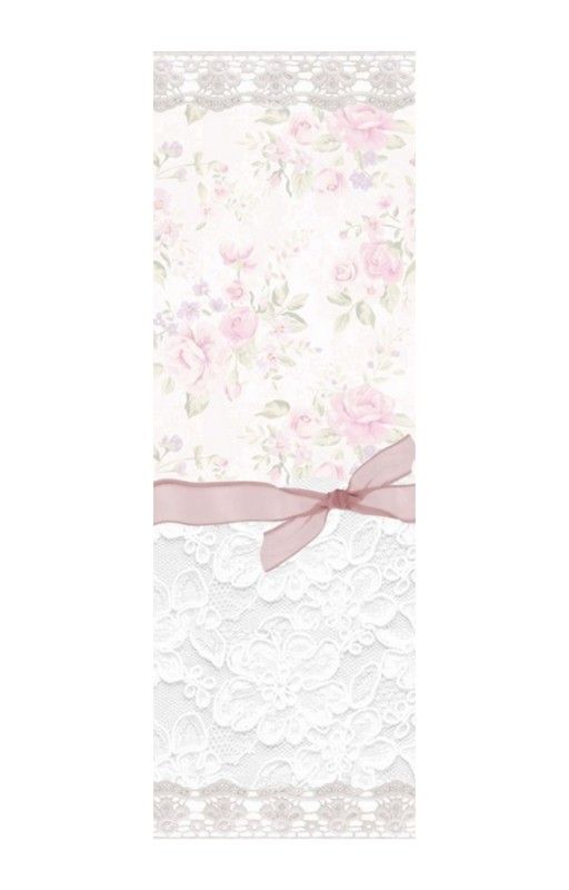 a card with pink roses and lace on the bottom, tied in a satin ribbon