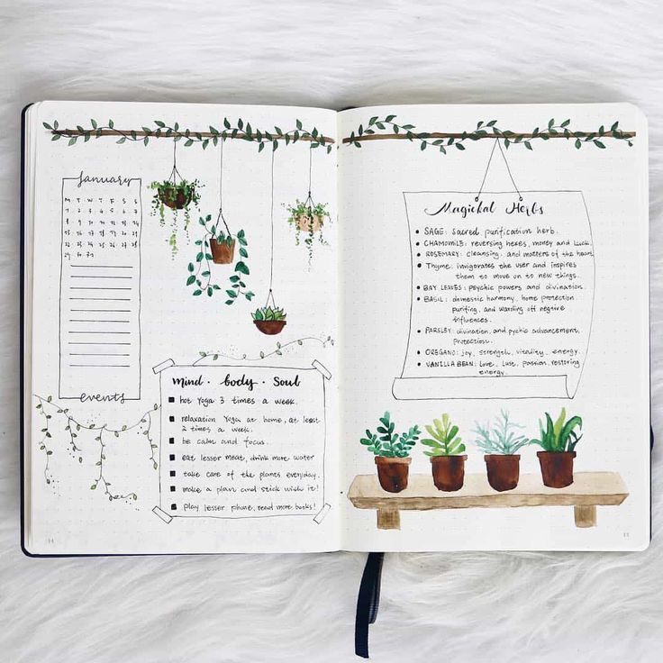 an open planner book with plants on it