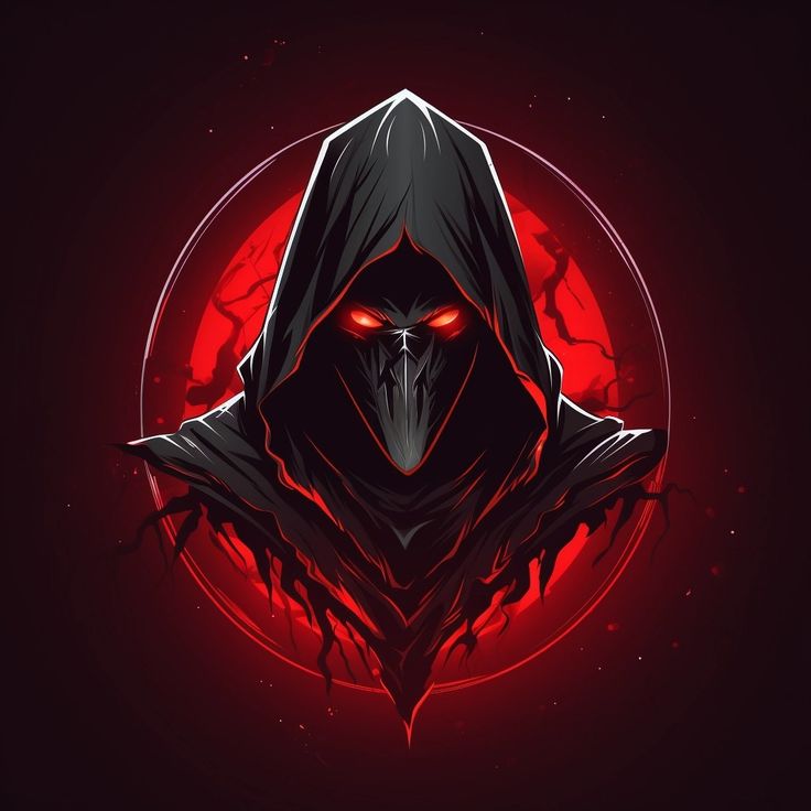 a stylized image of a hooded person with red eyes in front of a dark background