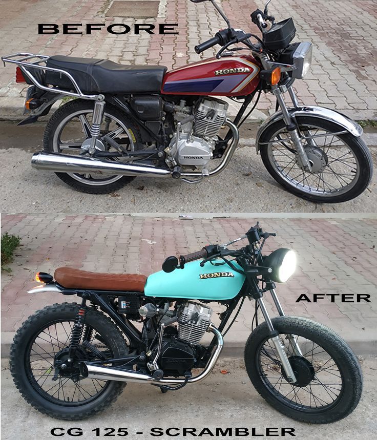 before and after photos of a motorcycle parked on the side of the road in front of a brick sidewalk