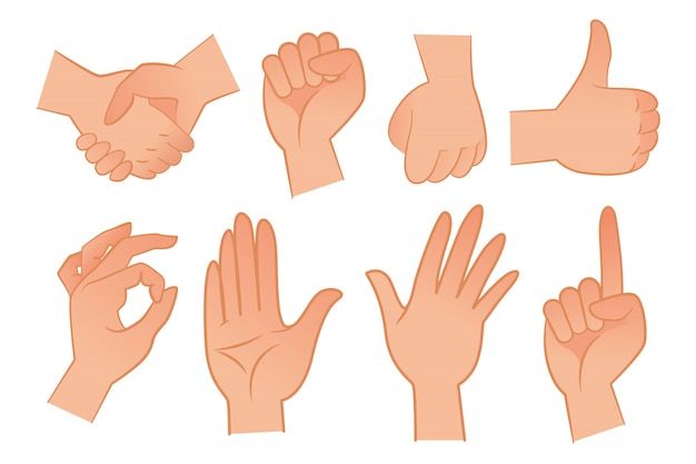 many hands with different gestures on white background