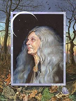 an old woman with grey hair and long white hair