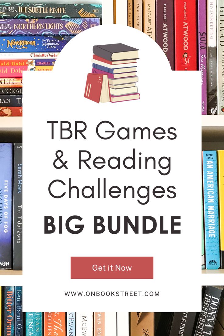 bookshelves with text that reads tbr games and reading challenges big bundle get it now