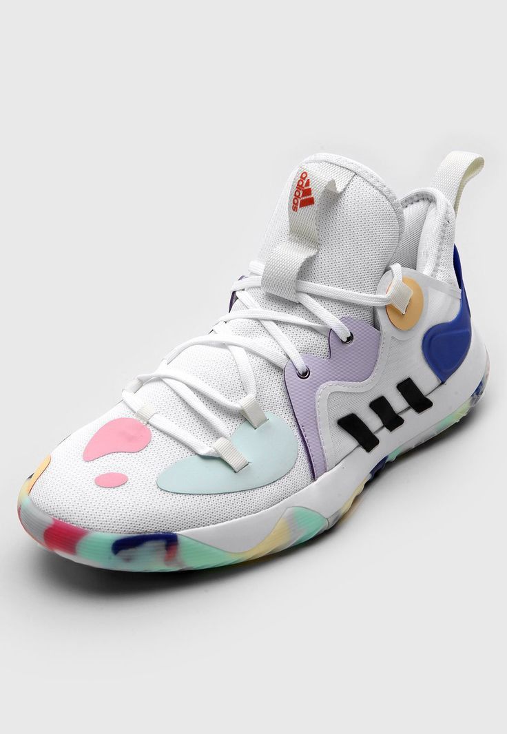 a white sneaker with multicolored flowers on the side