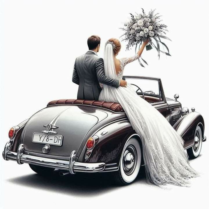 a bride and groom are riding in an old fashioned convertible car with the top down