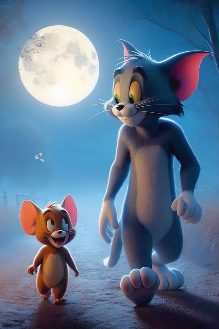 a cat and mouse standing in front of a full moon with the same character on it