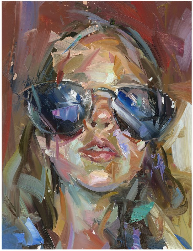 a painting of a woman with sunglasses on her head and wearing blue glasses, looking to the side