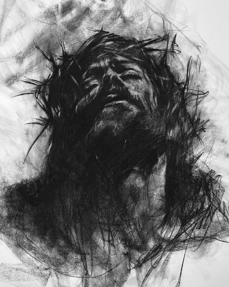 a black and white drawing of jesus's head with his eyes closed in the sky