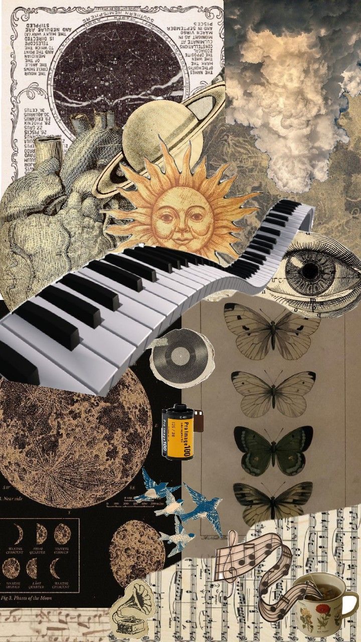 an altered collage with many different items including a piano, sun and other things