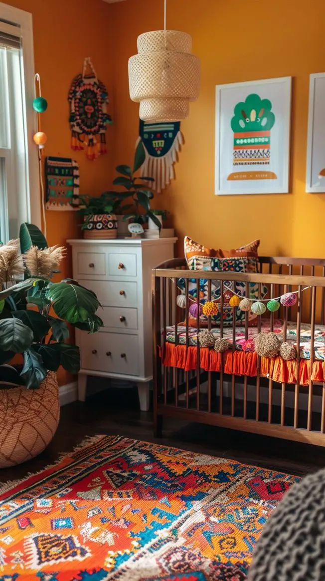 a baby crib in the corner of a room with orange walls and colorful rugs