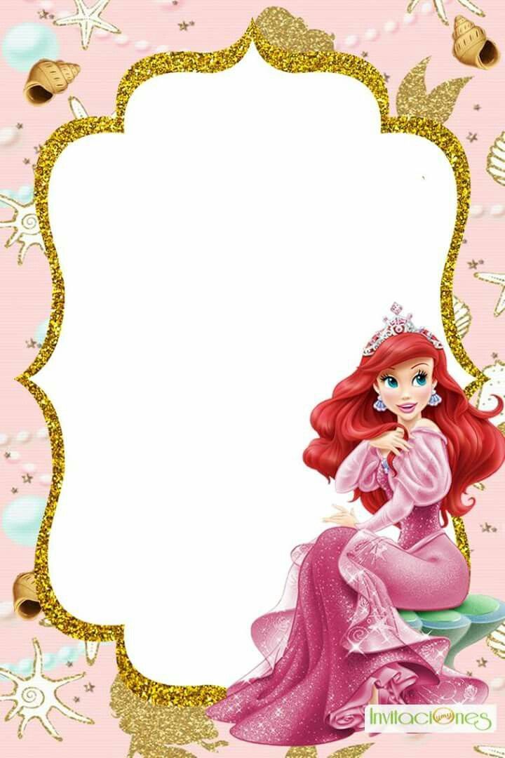 the little mermaid princess is sitting in front of a pink background with gold glitters