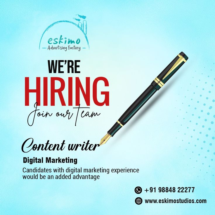 an advertisement with a fountain pen and writing on it for the company, we're hiring your own content writer