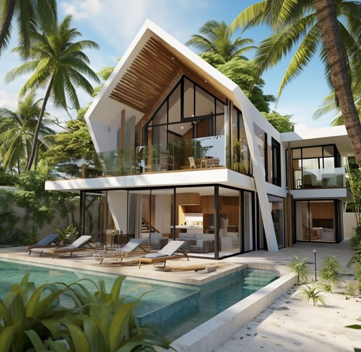 this is an artist's rendering of a modern house in the palm trees and pool area