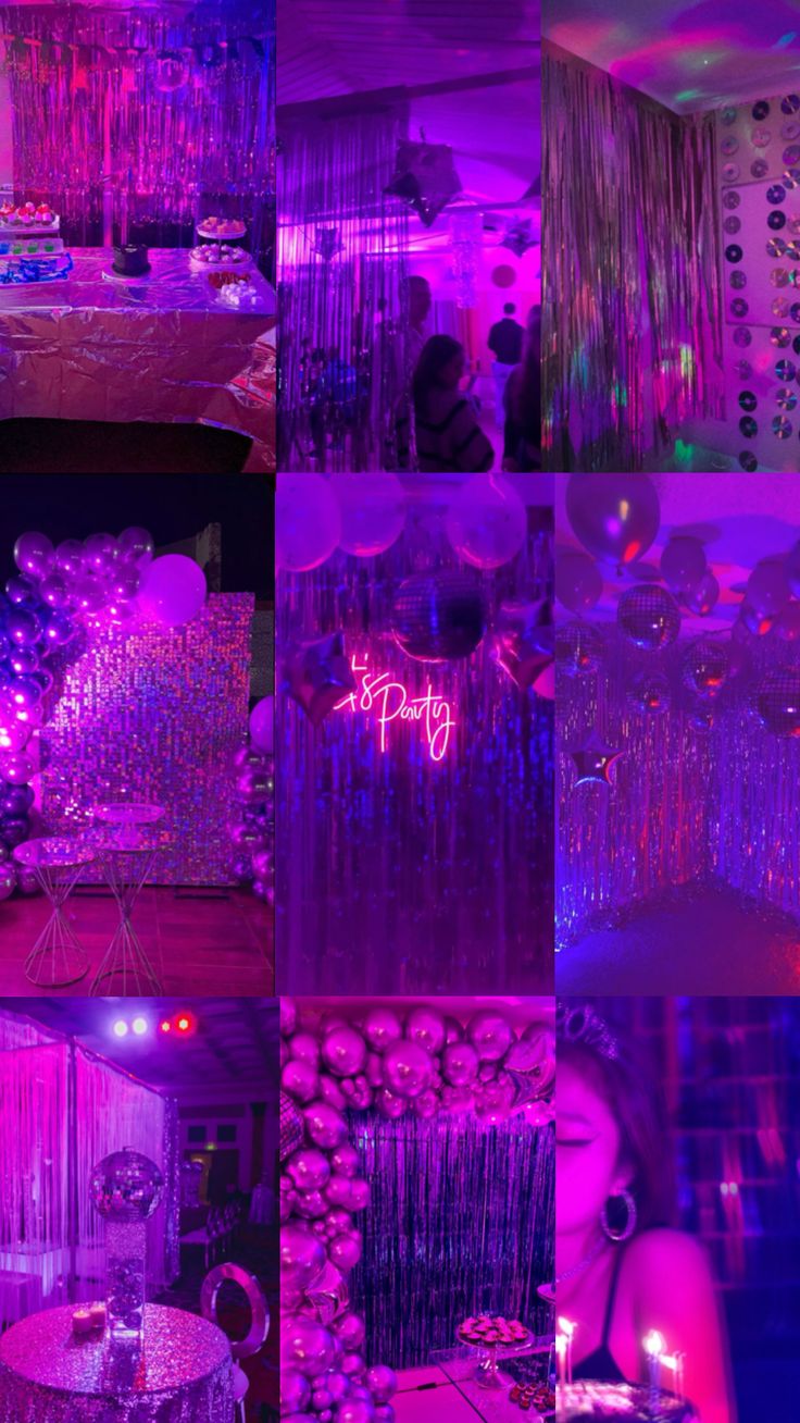 a collage of photos with purple and pink lighting