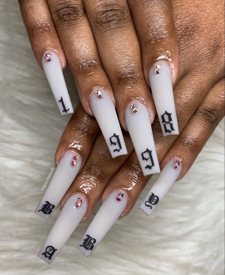 Old English Numbers On Nails, Nail Designs With Numbers, 1998 Nails Design, Number On Nails Design, Birthday Year Nails, 1993 Nails, Nails With Old English Letters, 1998 Nails, Old English Nails Designs