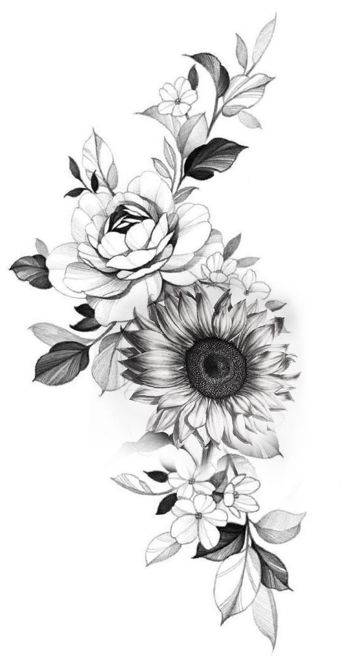 a black and white drawing of flowers with leaves on the bottom half of each flower