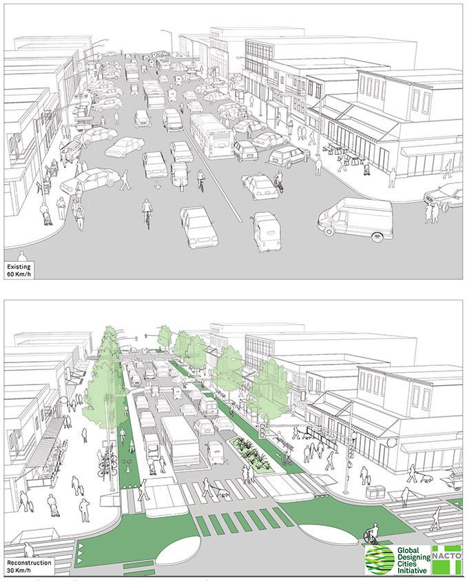 two views of an intersection with cars and people