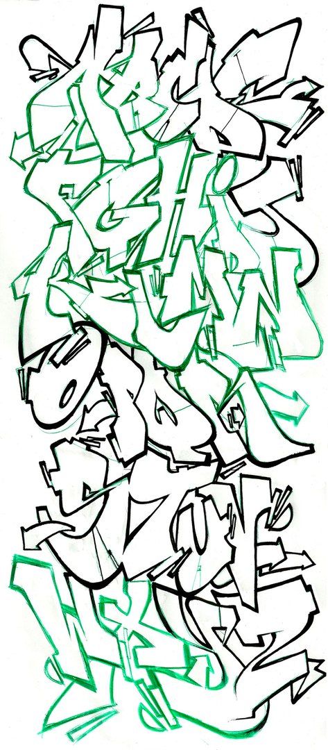 a drawing of graffiti on a white wall with green spray paint and black outlines