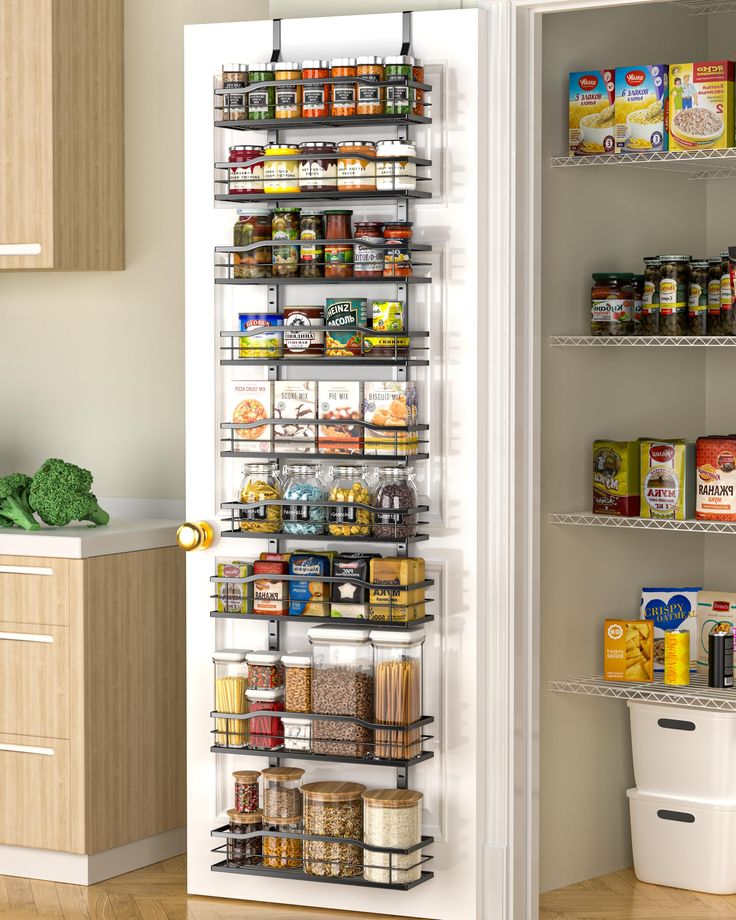 an organized pantry is shown in this kitchen