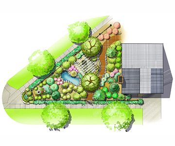 an artist's rendering of a garden with trees and shrubs