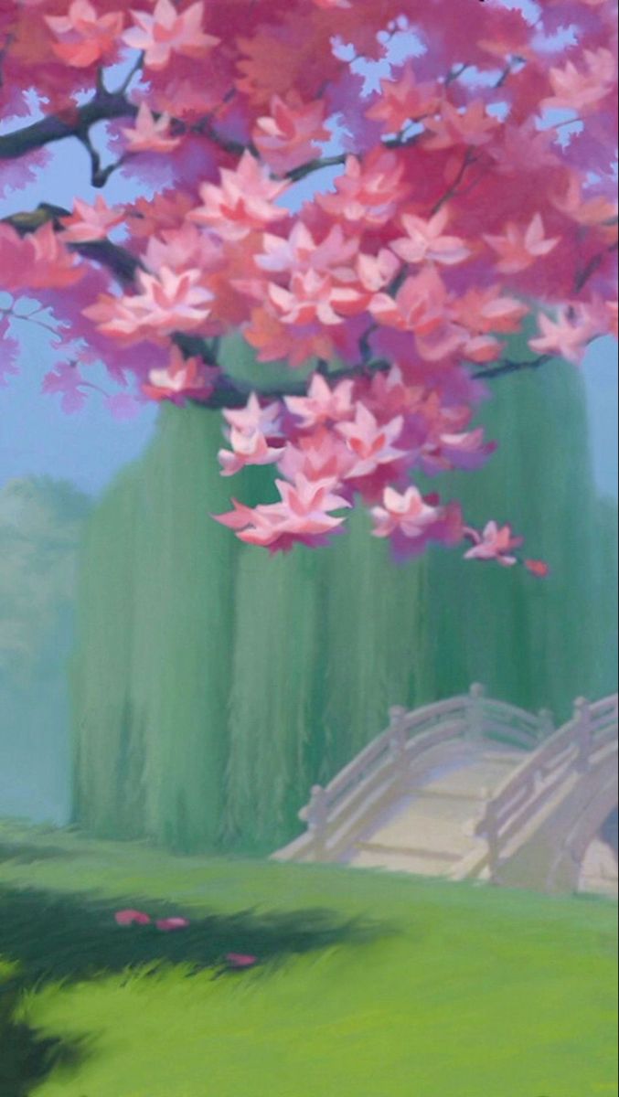 a painting of a tree with pink flowers in the foreground and a stone bridge in the background