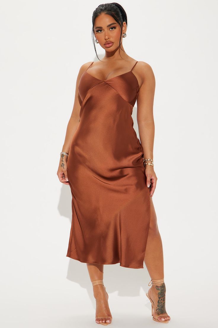 Draped in Satin Midi Dress - Chocolate | Fashion Nova, Dresses | Fashion Nova Soft Natural Kibbe Dresses, Satin Casual Dress, Satin Dress Outfit, Brown Satin Dress, Brown Slip Dress, Brown Silk Dress, Chocolate Fashion, Midi Slip Dress, Brown Silk