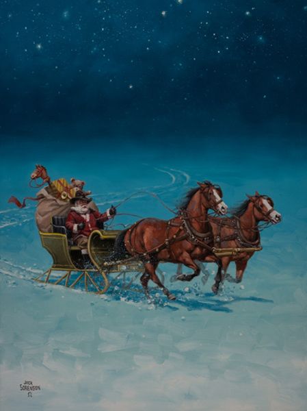 a painting of santa riding in a sleigh being pulled by two brown horses