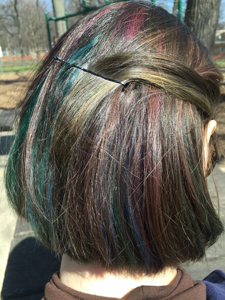 Oil Slick Hair                                                                                                                                                      More Crazy Hair Colour Ideas, Oil Spill Hair Color, Dye On Brown Hair, Interesting Hair Color, Halloween Makeup Eyeshadow, Oil Spill Hair, Makeup Eyeshadow Ideas, Oil Slick Hair Color, Eyeshadow Makeup Ideas