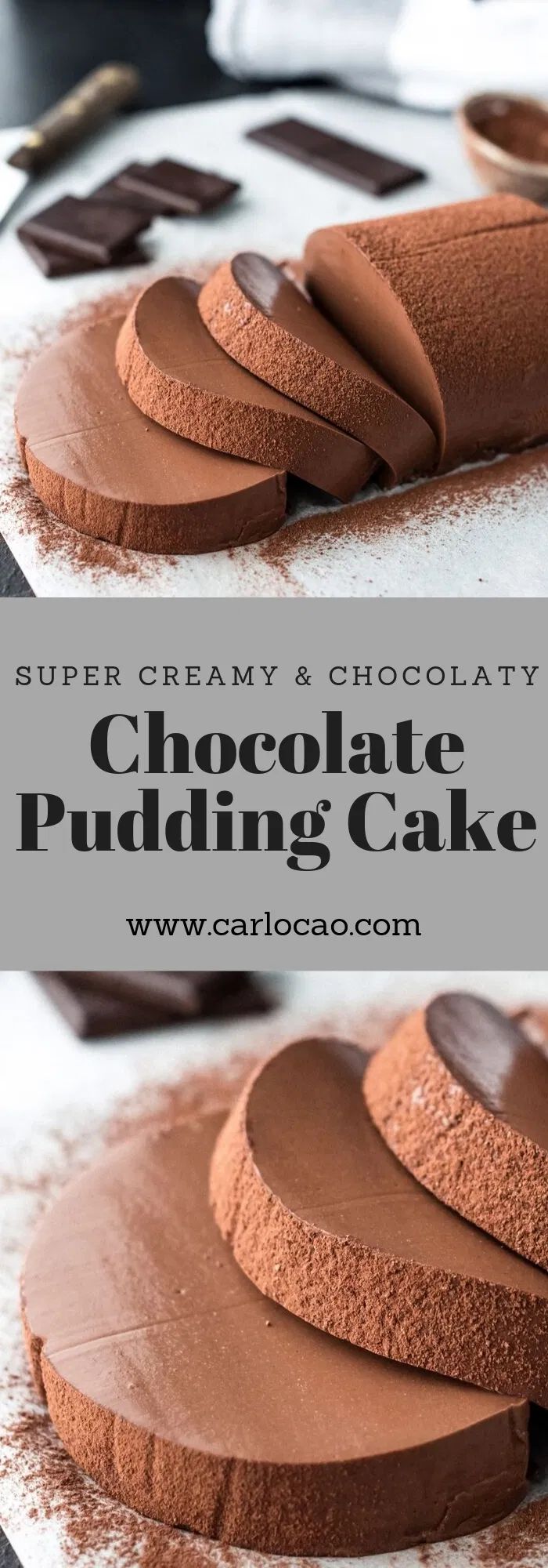 chocolate puddings with the words super creamy and chocolatety on top, in front of them