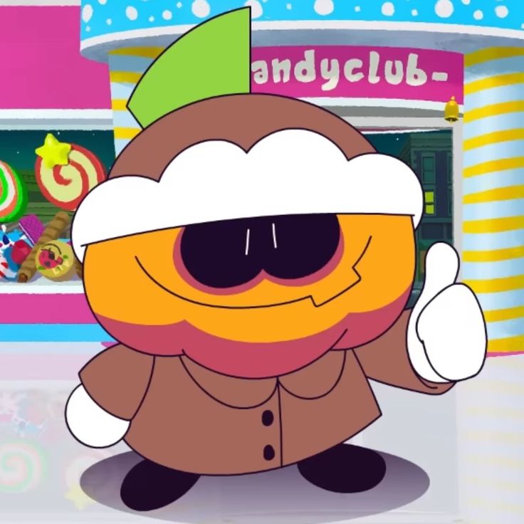 an animated character in front of a candy shop wearing sunglasses and a santa claus hat