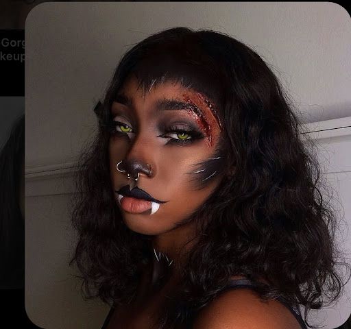 Wolf Nose Makeup, Werewolf Female Aesthetic, Werewolf Cosplay Female, She Wolf Costume Makeup, Wolf Costume Women Makeup, Werewolf Makeup Female Halloween, Werewolf Halloween Costume Women, Wolf Make Up Halloween, Female Werewolf Costume