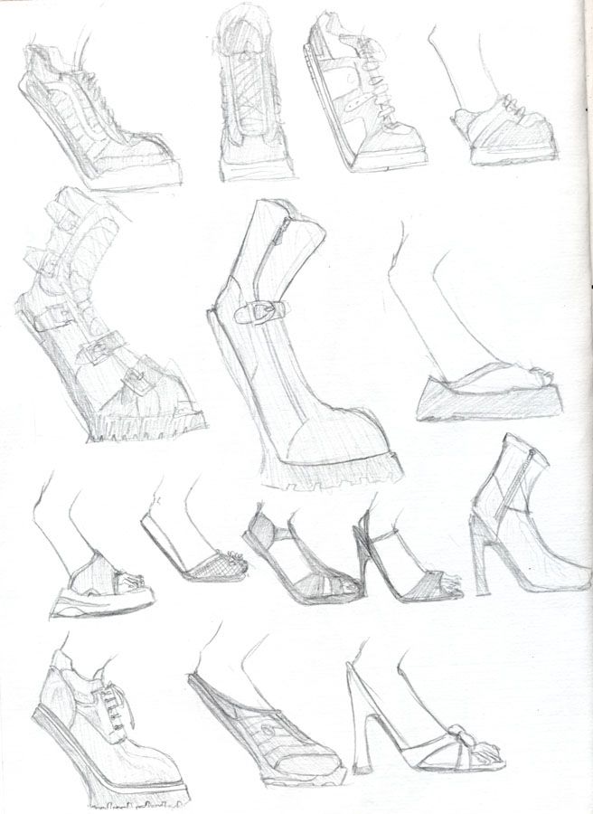 sketches of shoes and high heels are shown in this drawing, which shows how to draw them