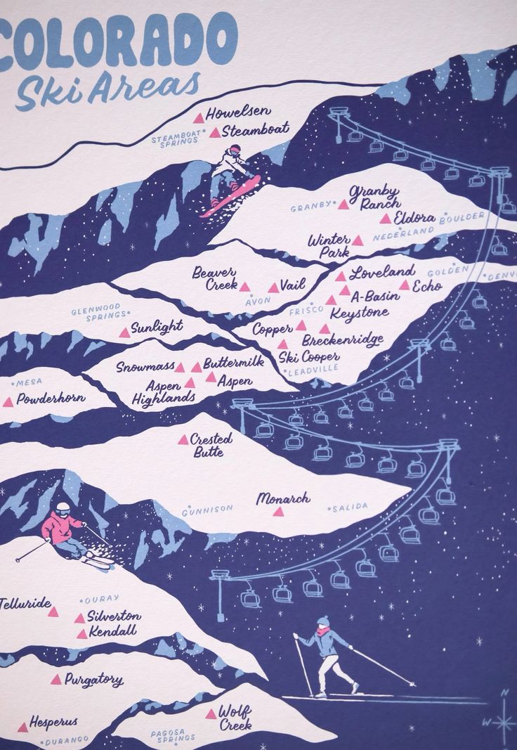 a map of the colorado ski areas with skiers and snowboarders on it