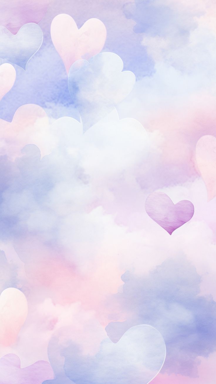 many hearts are floating in the sky with pink and blue clouds behind them on a pastel colored background