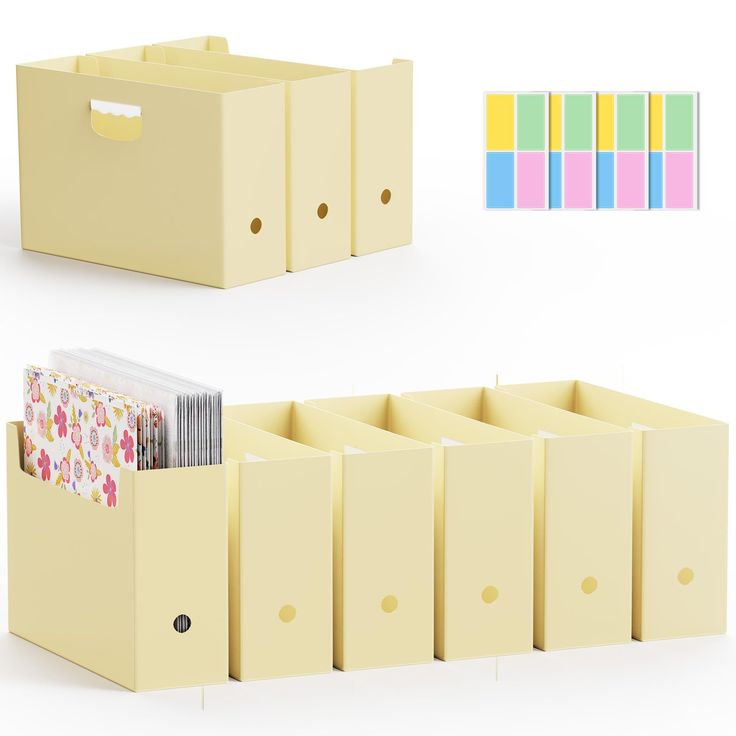 a set of office supplies including file folders, binders and papers in boxes